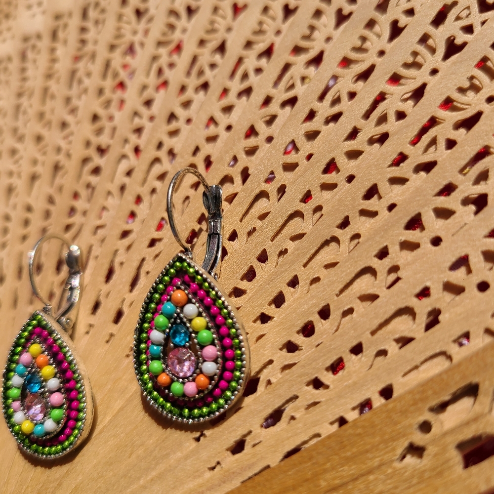 Colorful Beaded Teardrop Earrings RETRO old Jewelry - Picture 4 of 10